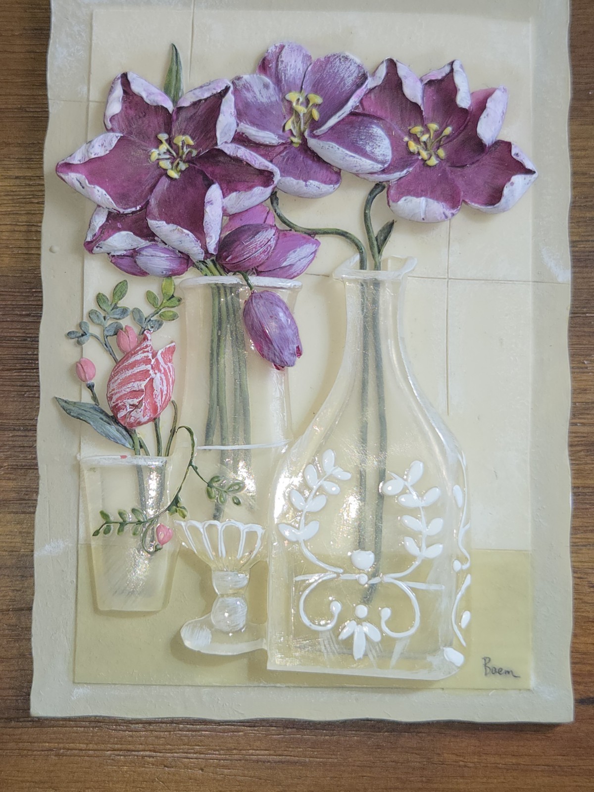 Set of 2 Boem Floral Wall Plaques 3D Relief Resin Flowers Vase Cottage Decor#101