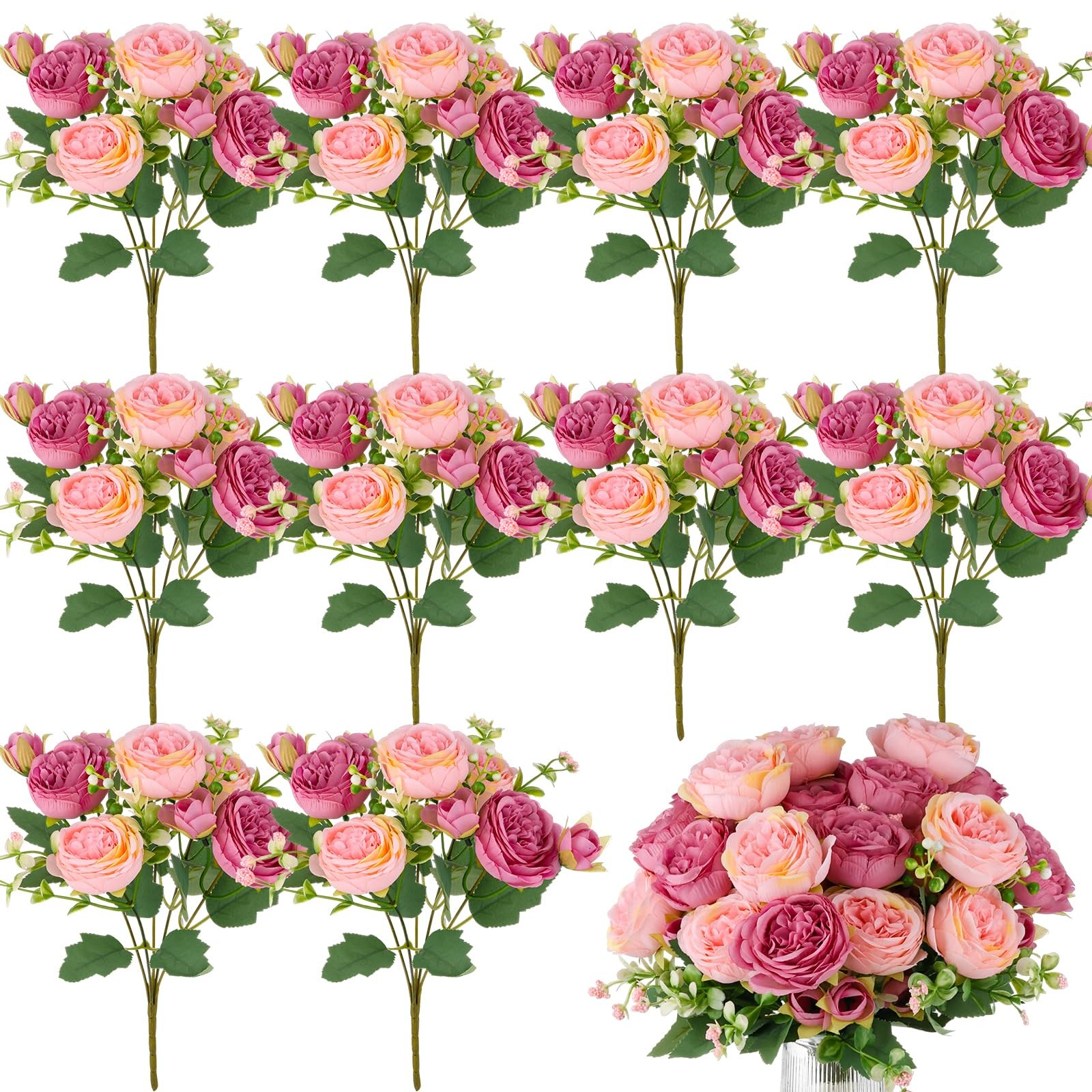 12 PCS Pink Artificial Peony Flowers Silk Fake Bridal Bouquet Home Centerpiece