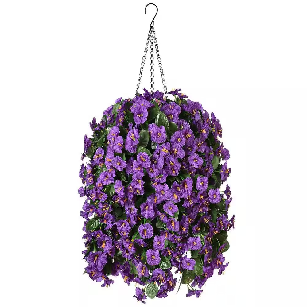11 In. Artificial Faux Hanging Flowers Plants Basket, Fake Silk Purple Morning G