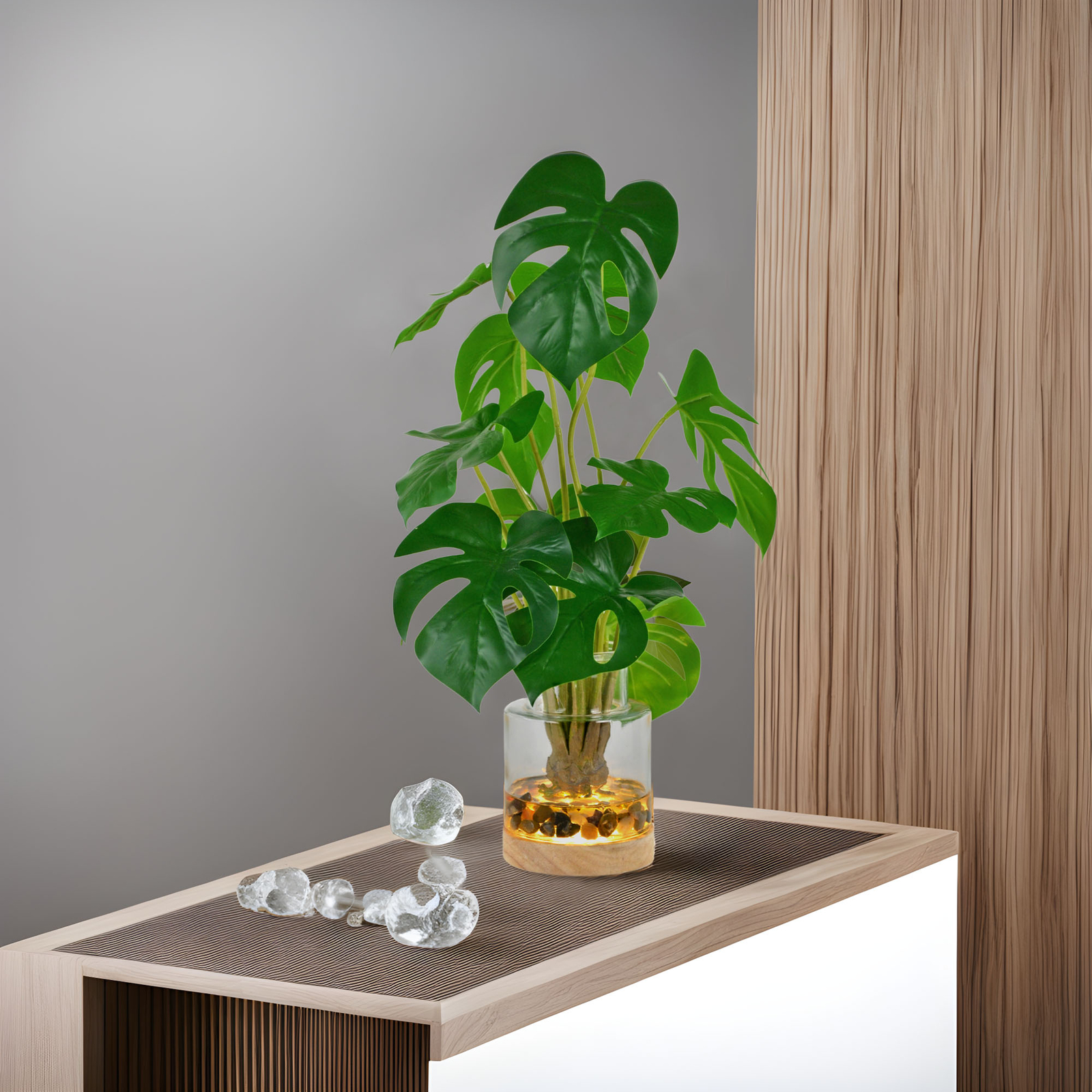 Real Touch 17.5 inch Artificial Plant Monstera Leaves in Glass Vase and LED Base