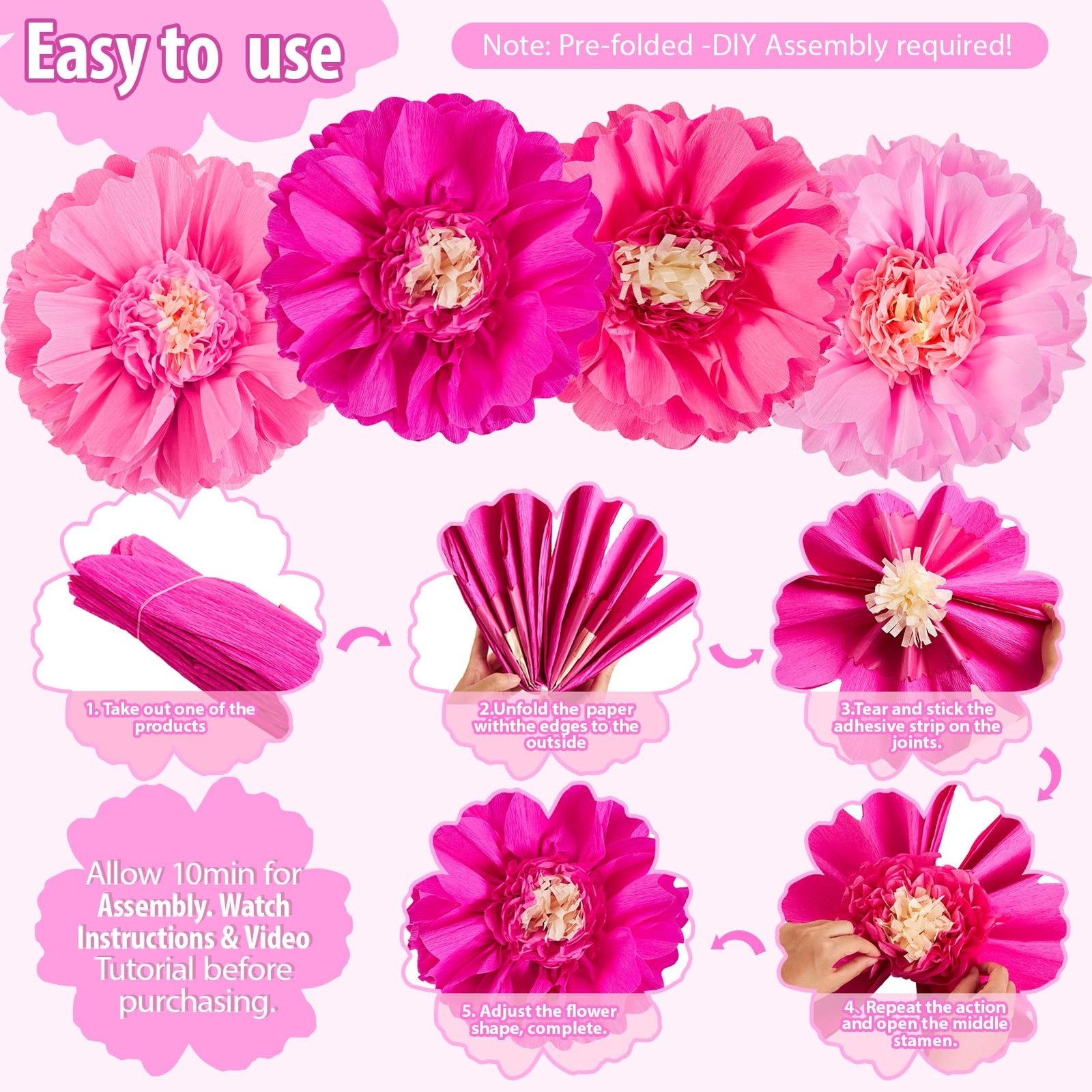 20″ Giant Pink Flowers 4 PCS Large Crepe Tissue Flowers Pink Party Decoration…