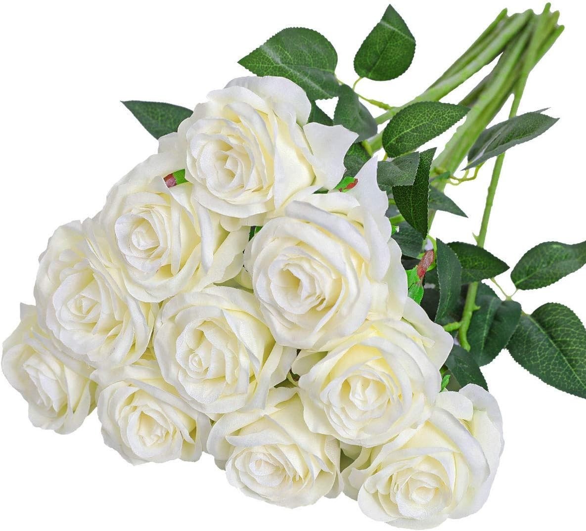 Artificial Silk Rose Flower Bouquet 10pcs White Fake Roses for Wedding Party
