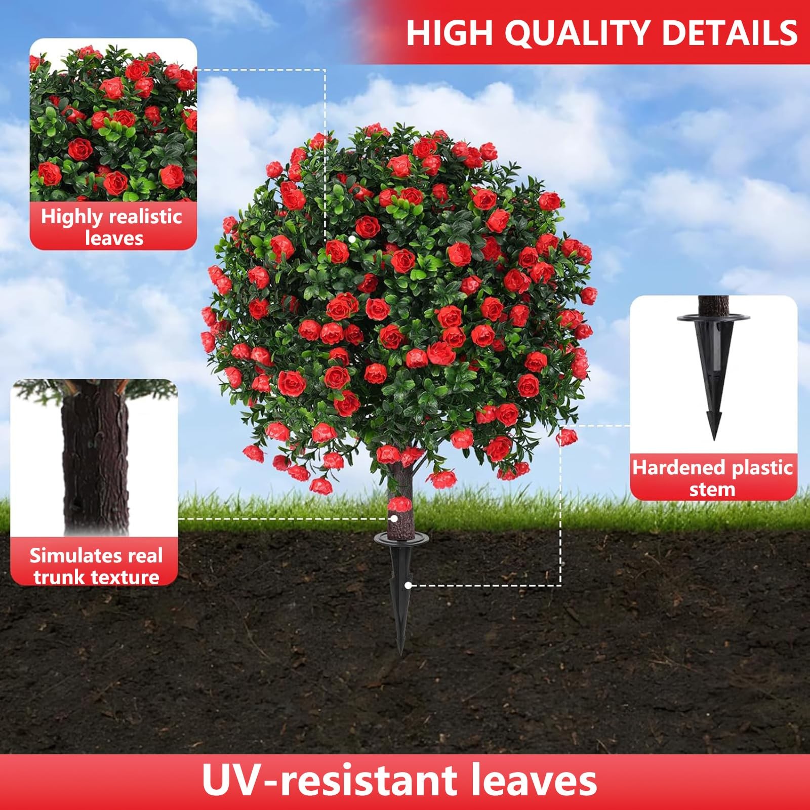 Yangrass Artificial Rose Topiary Ball Trees with Ground Spike, 2 Pack 16 Inch…