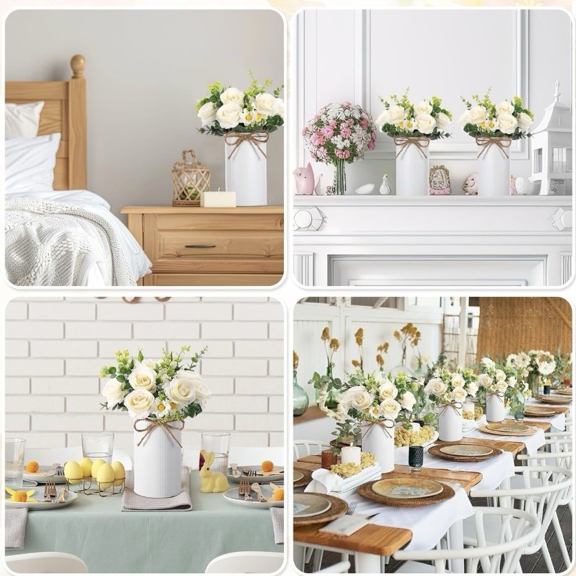 White Rose Centerpiece with Vase Set of 6 Table Decor Wedding Party Artificial