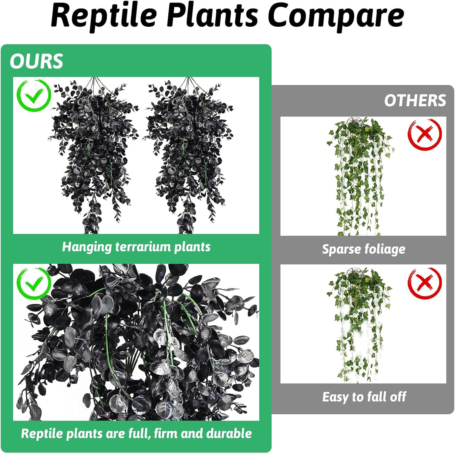 Reptile Plants, 2 Pack Hanging Terrarium Plants, Artificial Leaves Habitat Decor