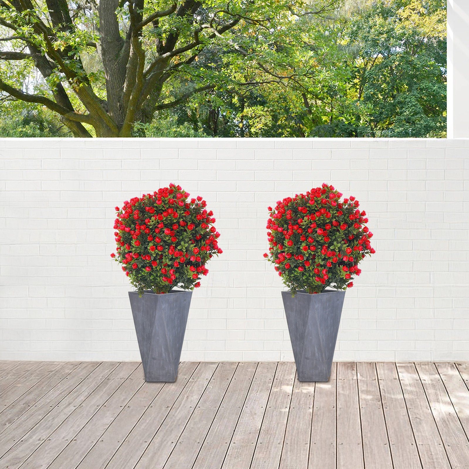 2* Artificial Boxwood Topiary Ball Trees Set with Red Flowers for Indoor/Outdoor