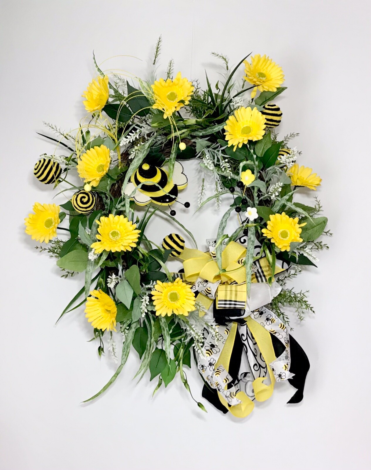 LARGE BRIGHT SPRING SUMMER BEE GRAPEVINE DOOR WREATH YELLOW FLORAL DECOR GIFT