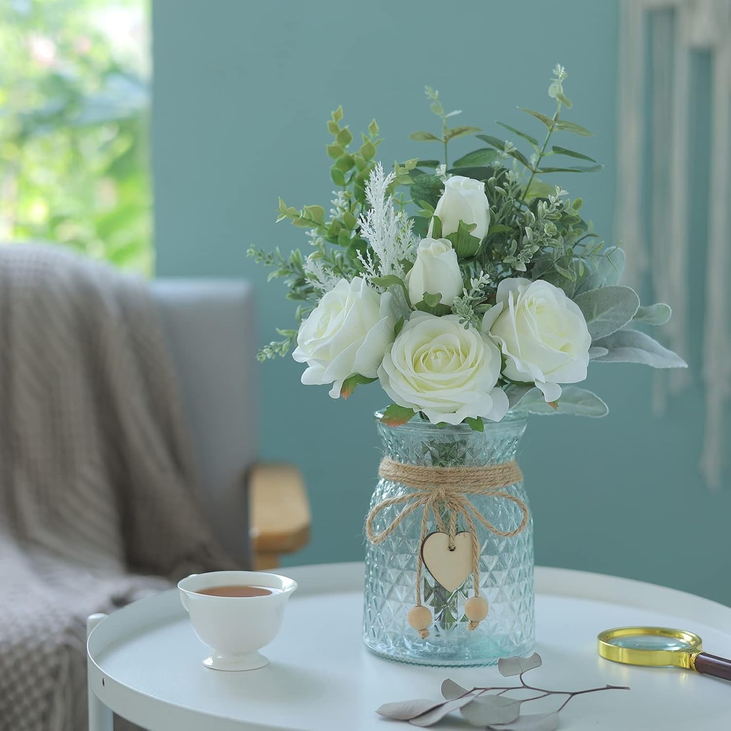 14.5″ Handcrafted Silk Flowers with Glass Vase – Versatile Decor for All Seasons