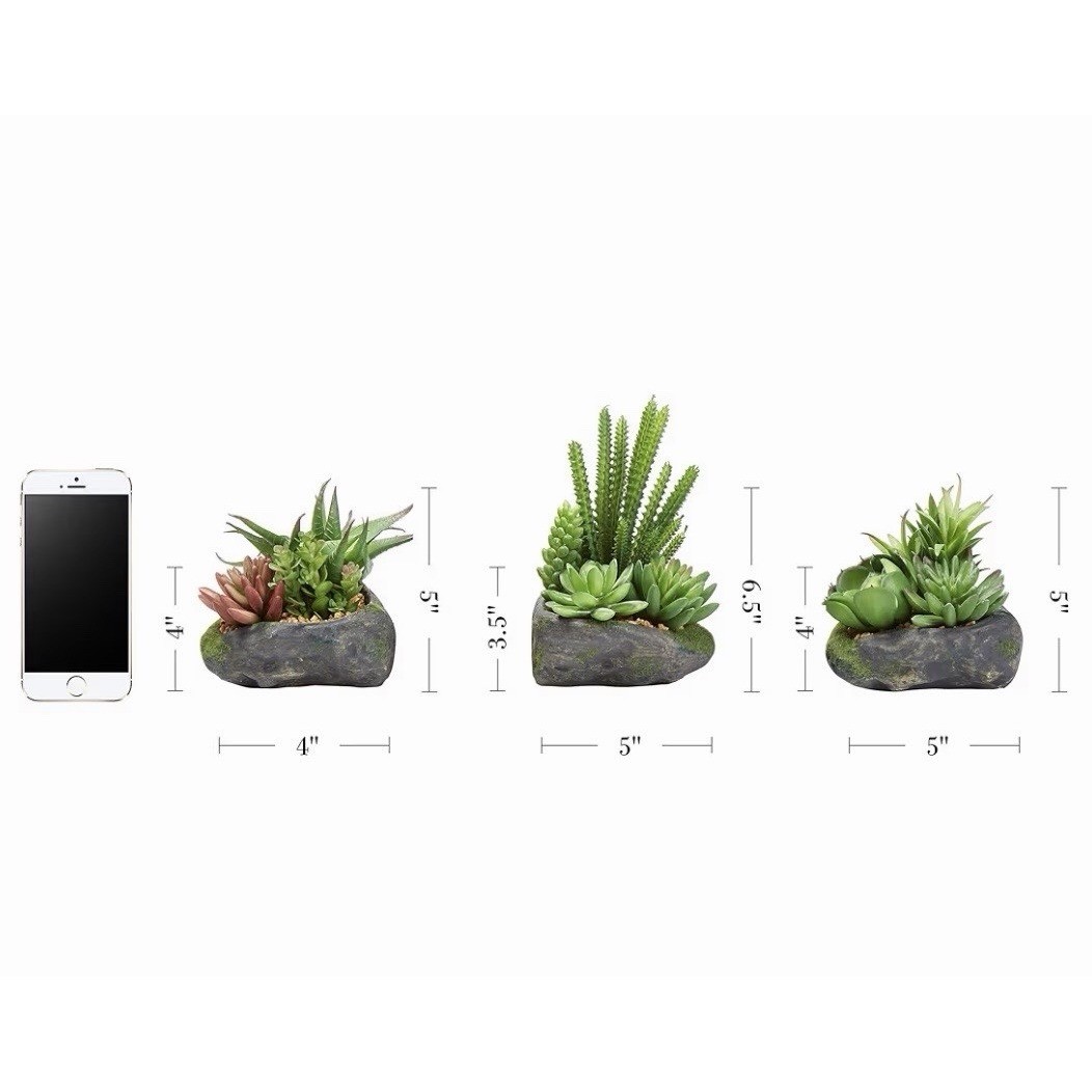 Pure Garden Artificial Succulent Plant Set 3 Piece Faux Stone Pots 50-LG1123