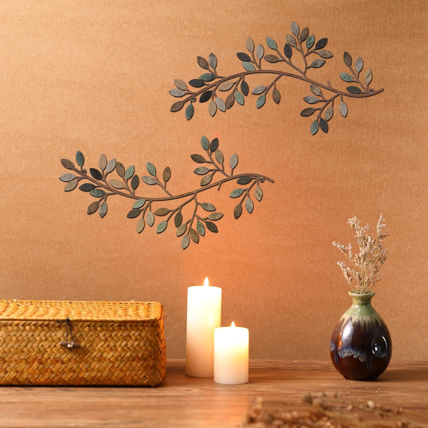 2 Pieces Metal Tree Leaf Wall Decor Vine Olive Branch Leaf Wall Art Wrought Iron