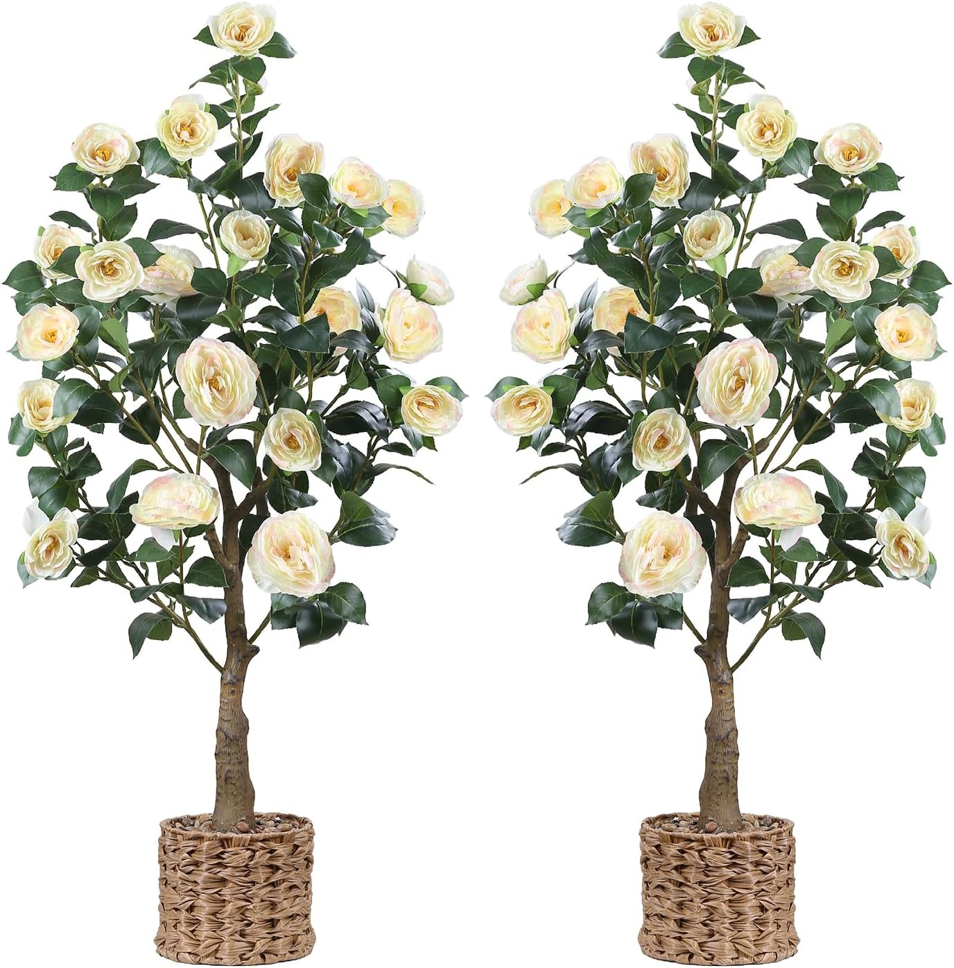 48″ Artificial Camellia Tree 2 Pack, Faux Potted Camellia Flower Tree Fake Camel