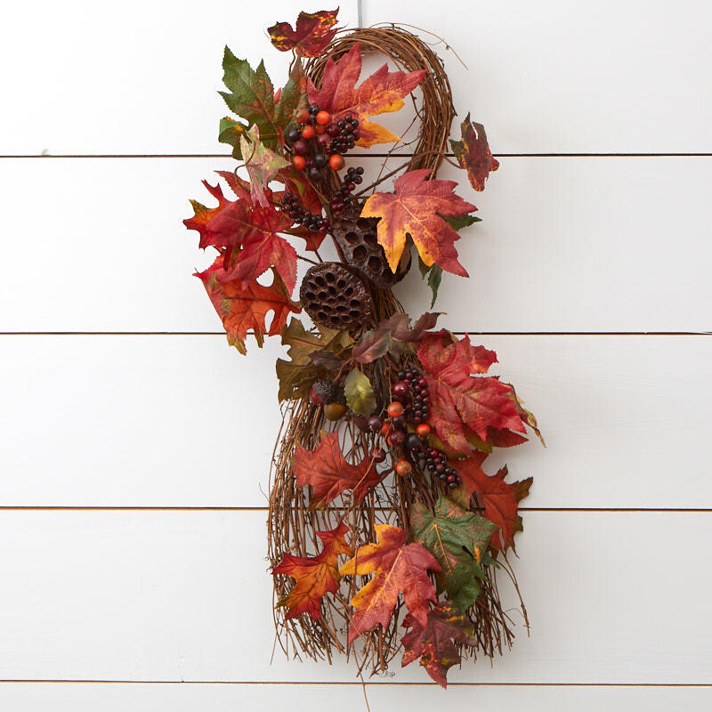 26″ Artificial Maple Leaf, Lotus Pod, and Berry Twig Wall Hanger