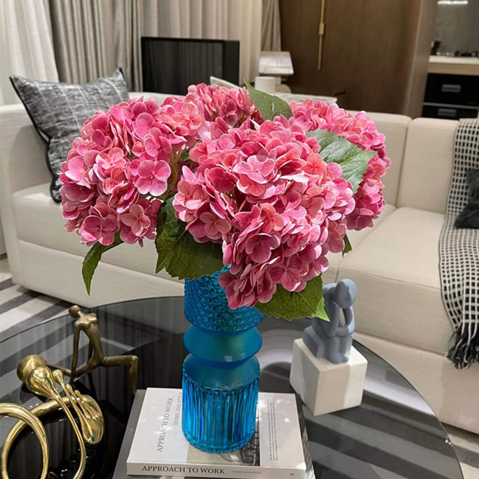 3 pcs Real Touch Hydrangea Artificial Flowers, 21″ Dark Pink Large Long Stems…