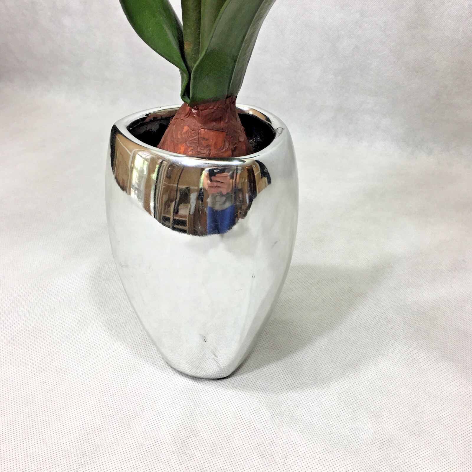 Metallic Chrome Ceramic 7″ Planter Vase w/ Faux Flower Display Floral