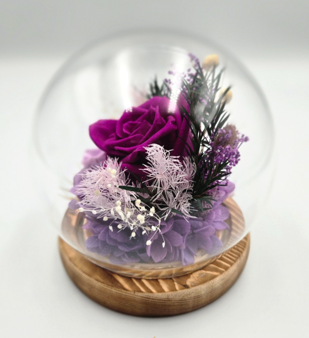 Preserved Roses in Glass Dome with Wooden Base With Light, Purple