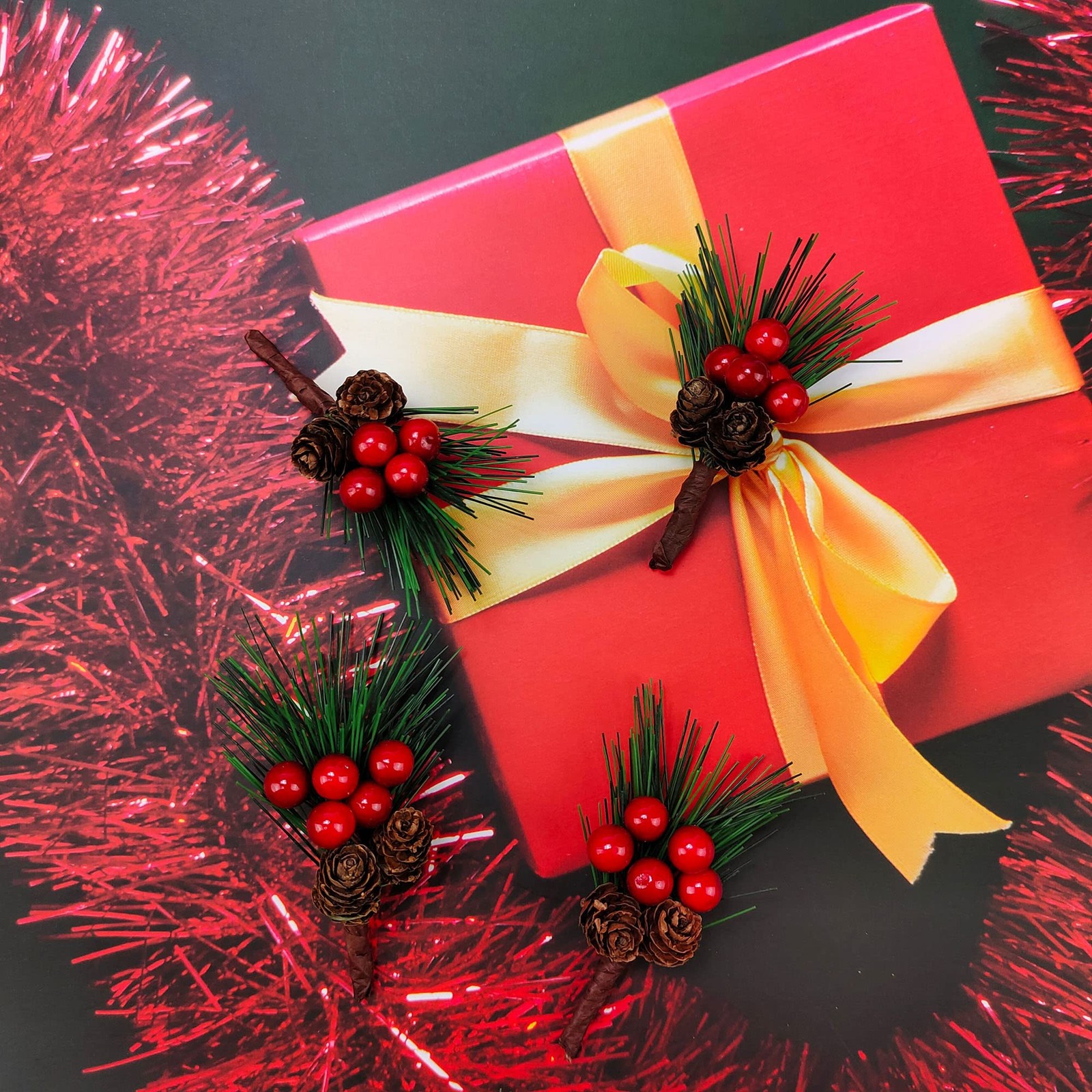 Artificial Pine Picks Small Tree Plants Red Pinecones Christmas Decor 20 PCS