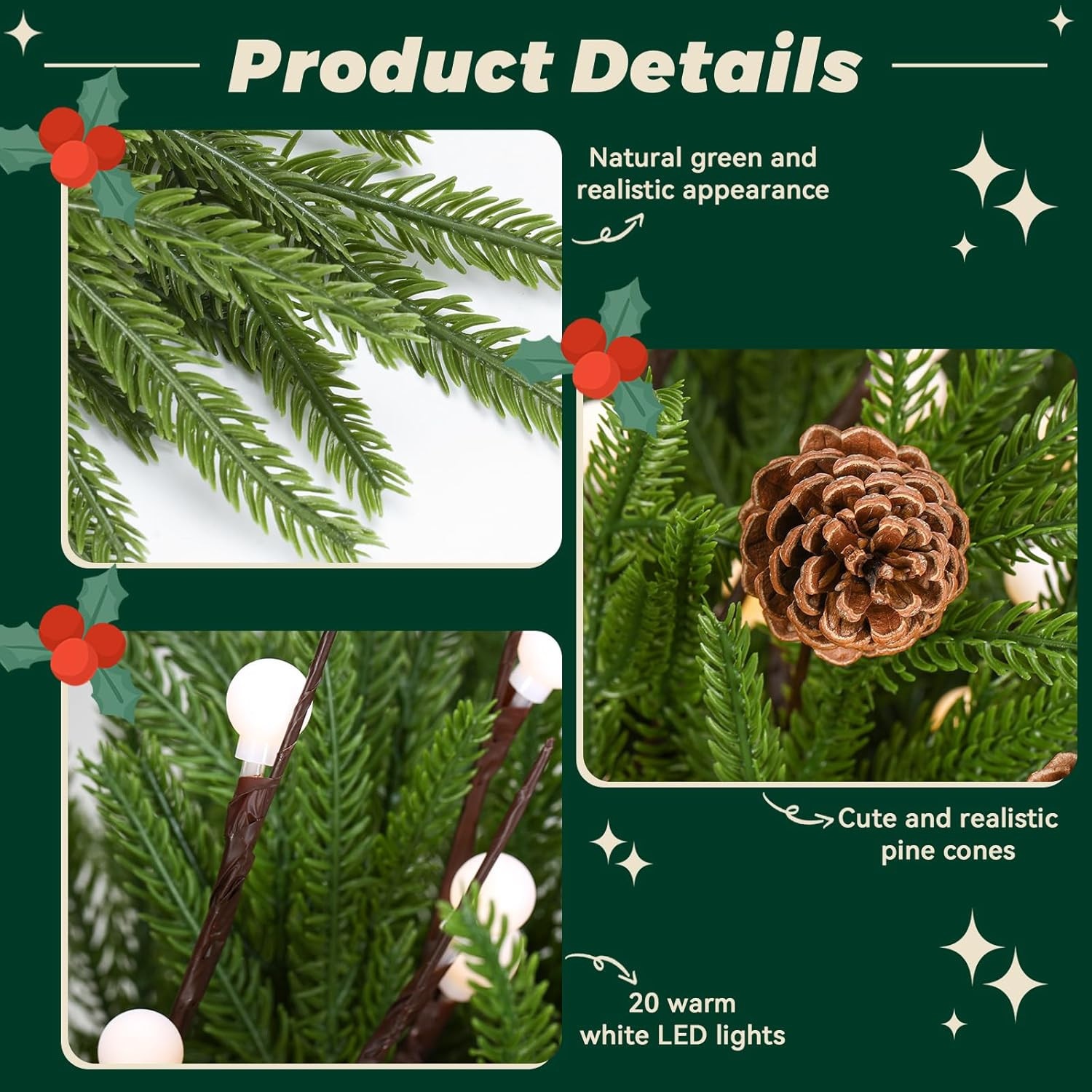 20 Pcs Christmas Norfolk Pine Branches with Lights Set Includes 12 19.7″ Artific