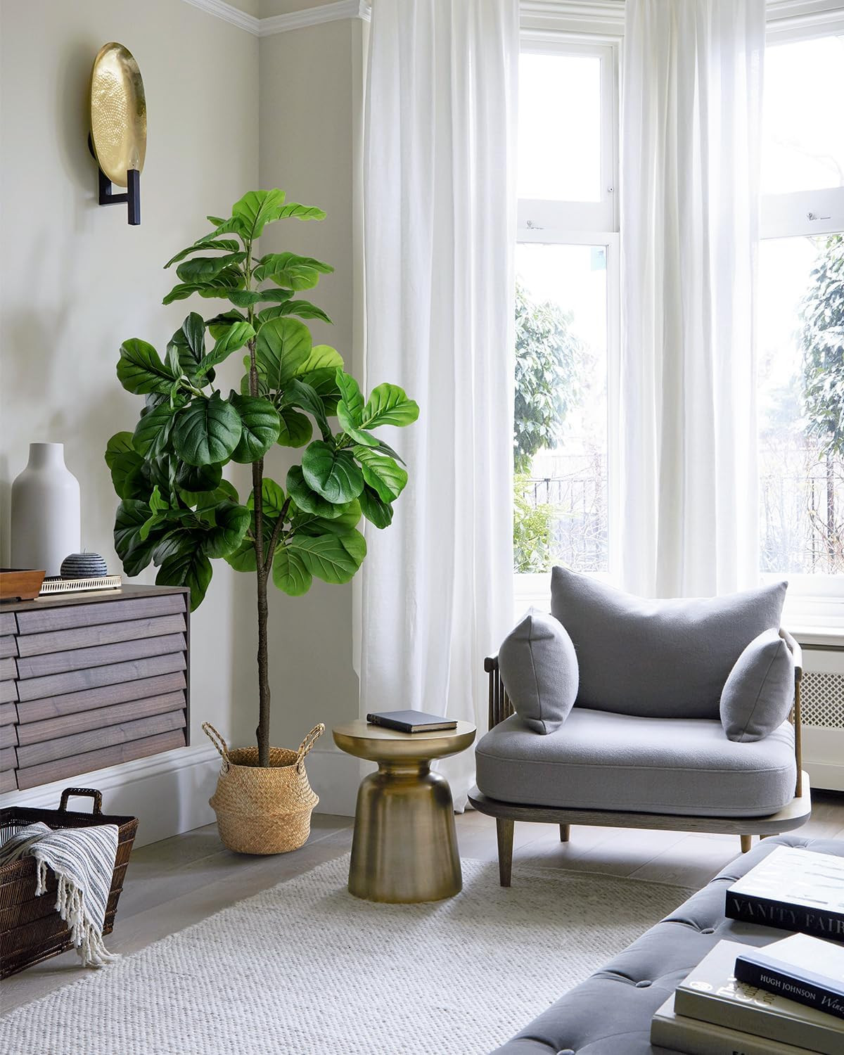 Artificial Fiddle Leaf Fig Tree 6FT – Large Fake Tree with White Planter&Basket,