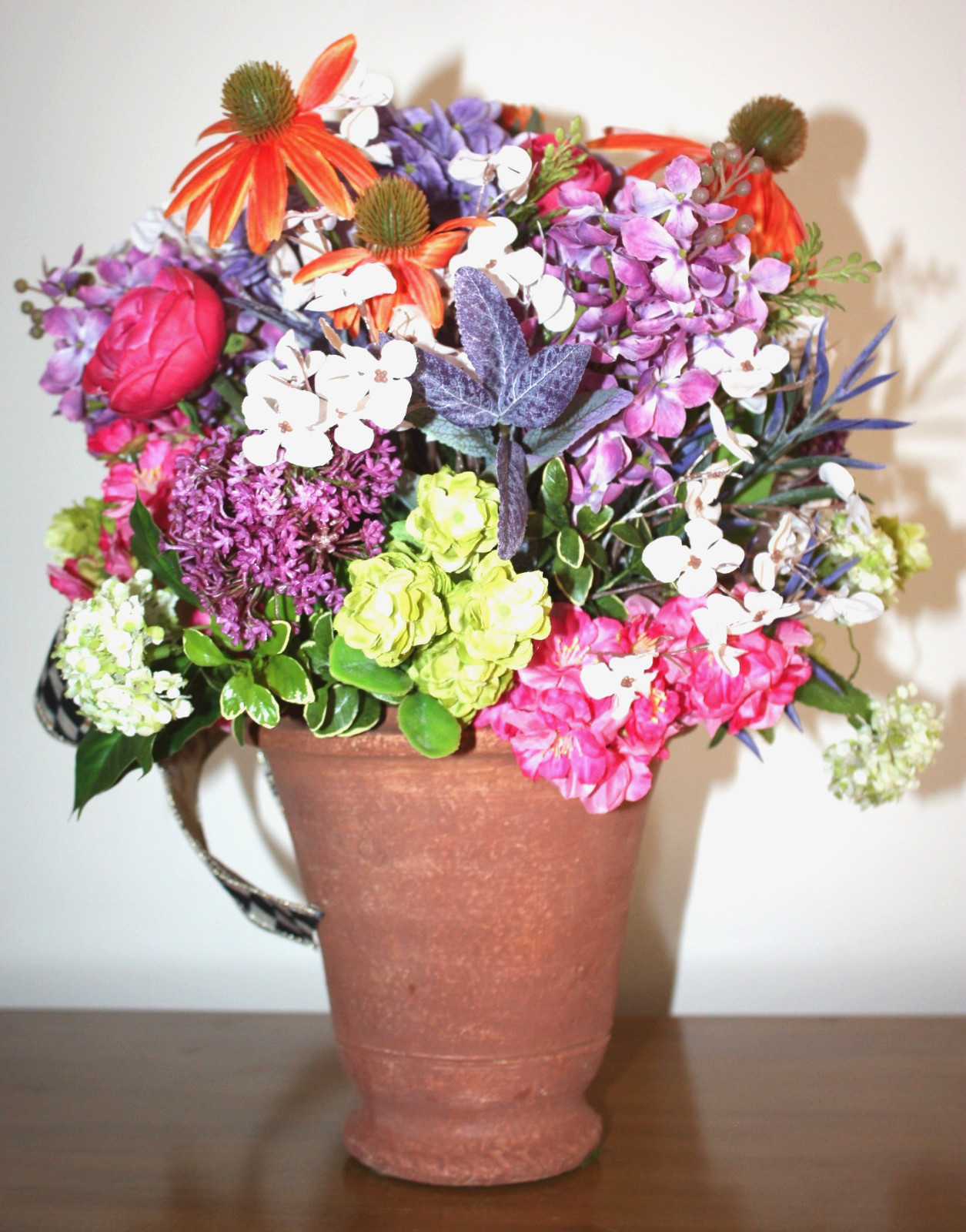 Faux Floral Arrangement Potted in G. Wolff Planter With Mackenzie Childs Bow!