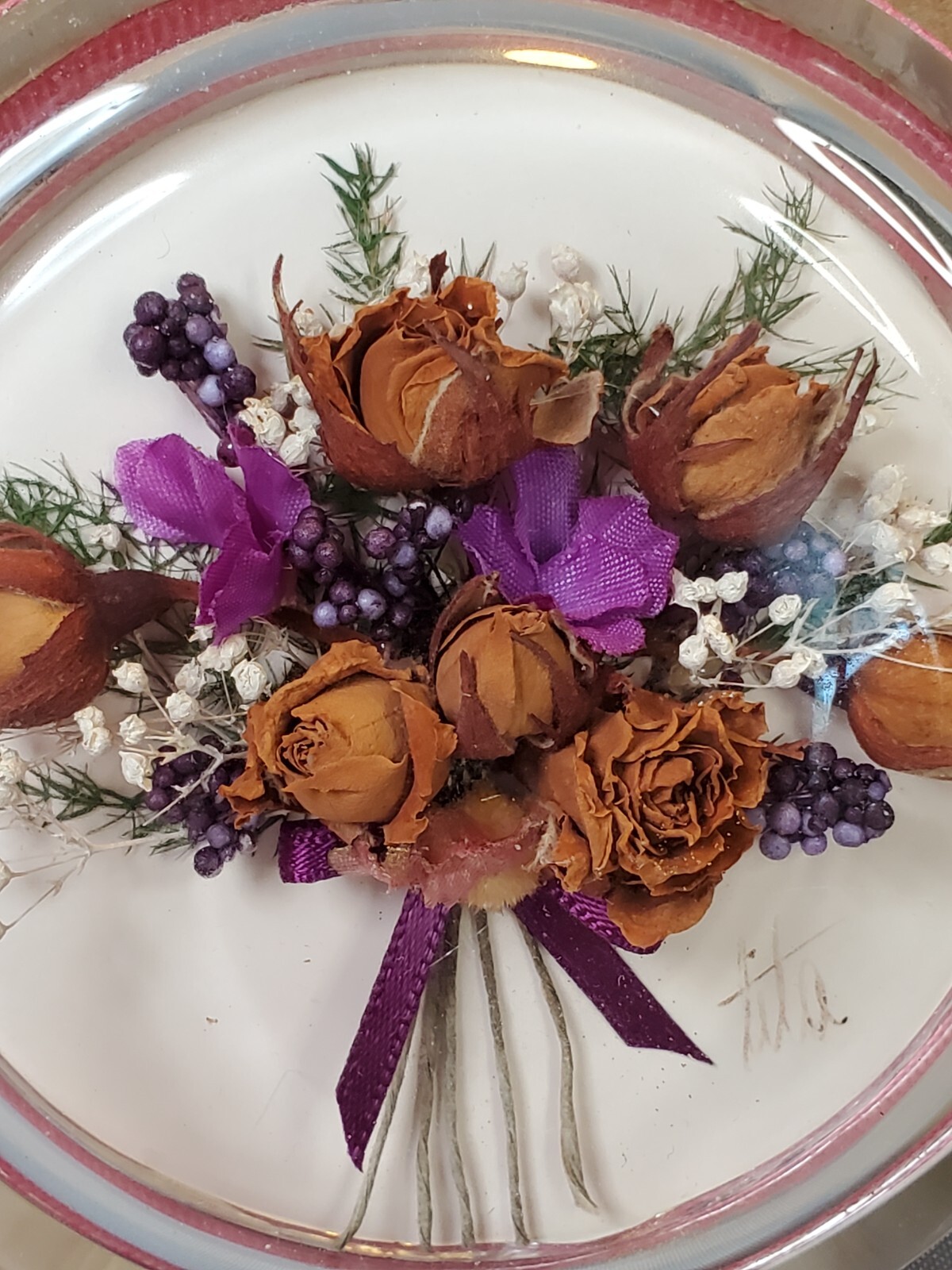 Convex Glass Bubble Dried Floral Silk Ribbon Floral Wall Art Shabby Elegance Set
