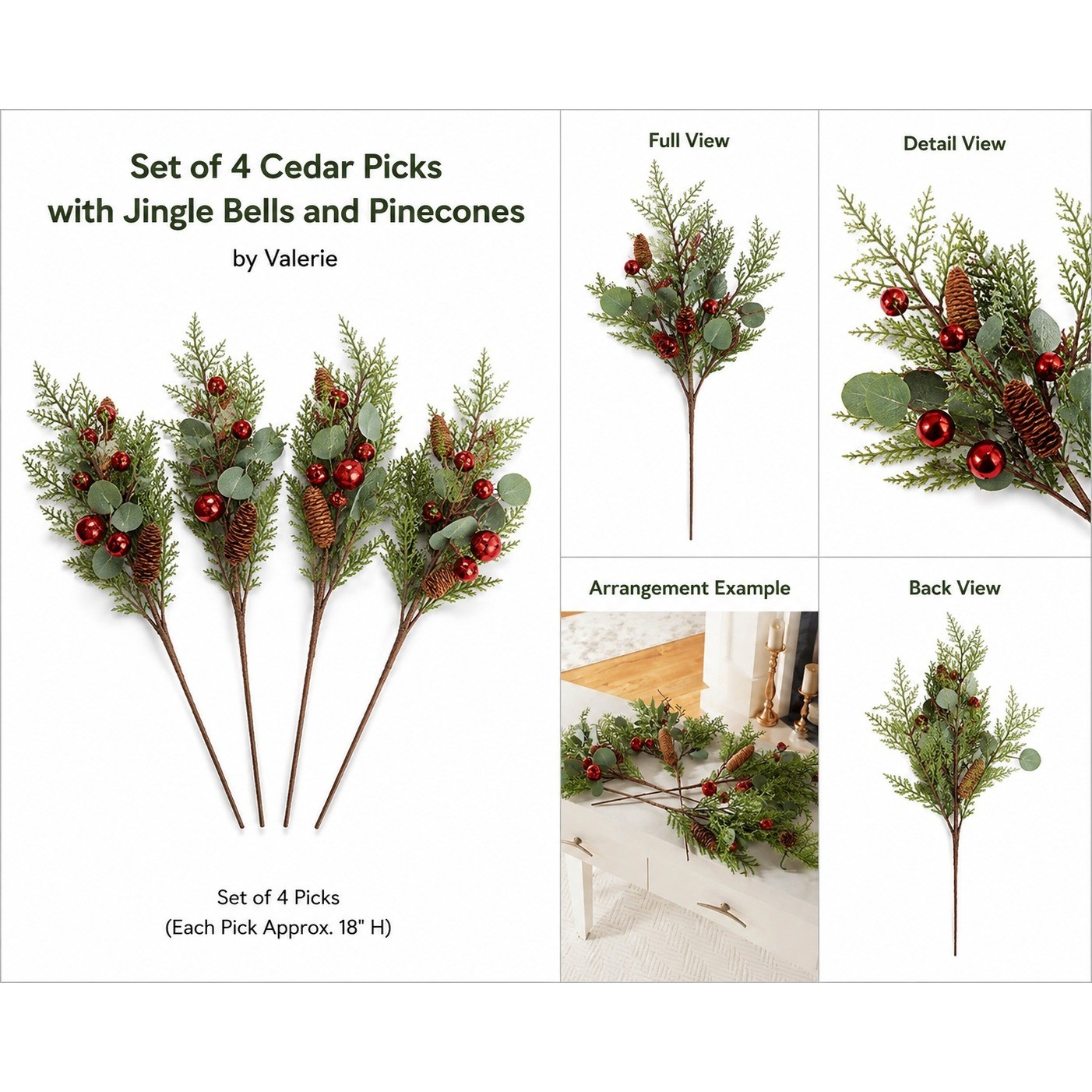 Valerie Parr Hill Set of 4 Cedar Picks Jingle Bells Pinecones Green Red H223303