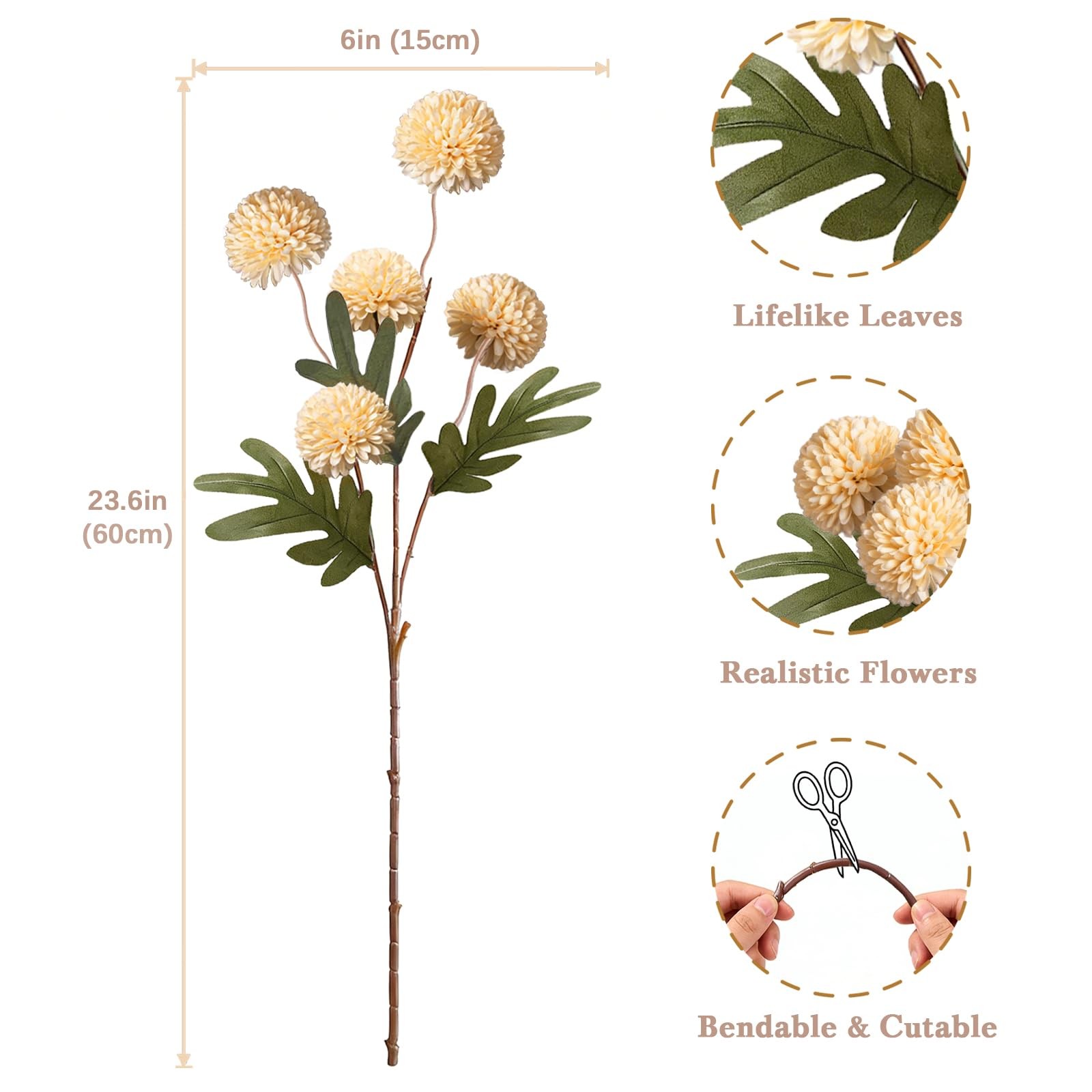 8 Pcs Apricot Beige Silk Pompon Kiku Mums, Artificial Flowers for Vase, Fake …