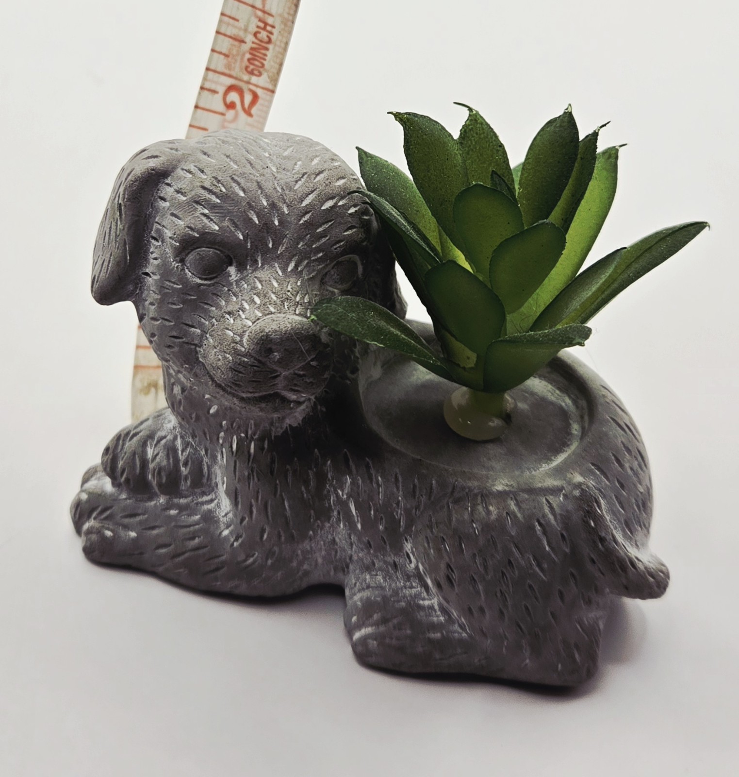 Cute Shaggy Puppy Dog Planter with Artificial Succulent Mini Decor Grey