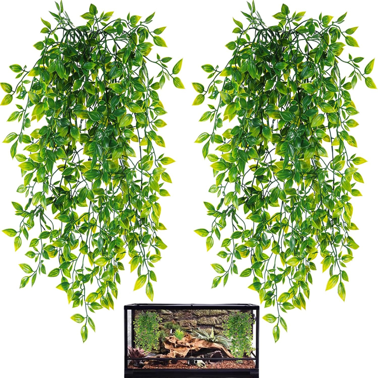 Reptile Plants, 2 Pack Terrarium Hanging Plants Vines Artificial Leaves Habitat