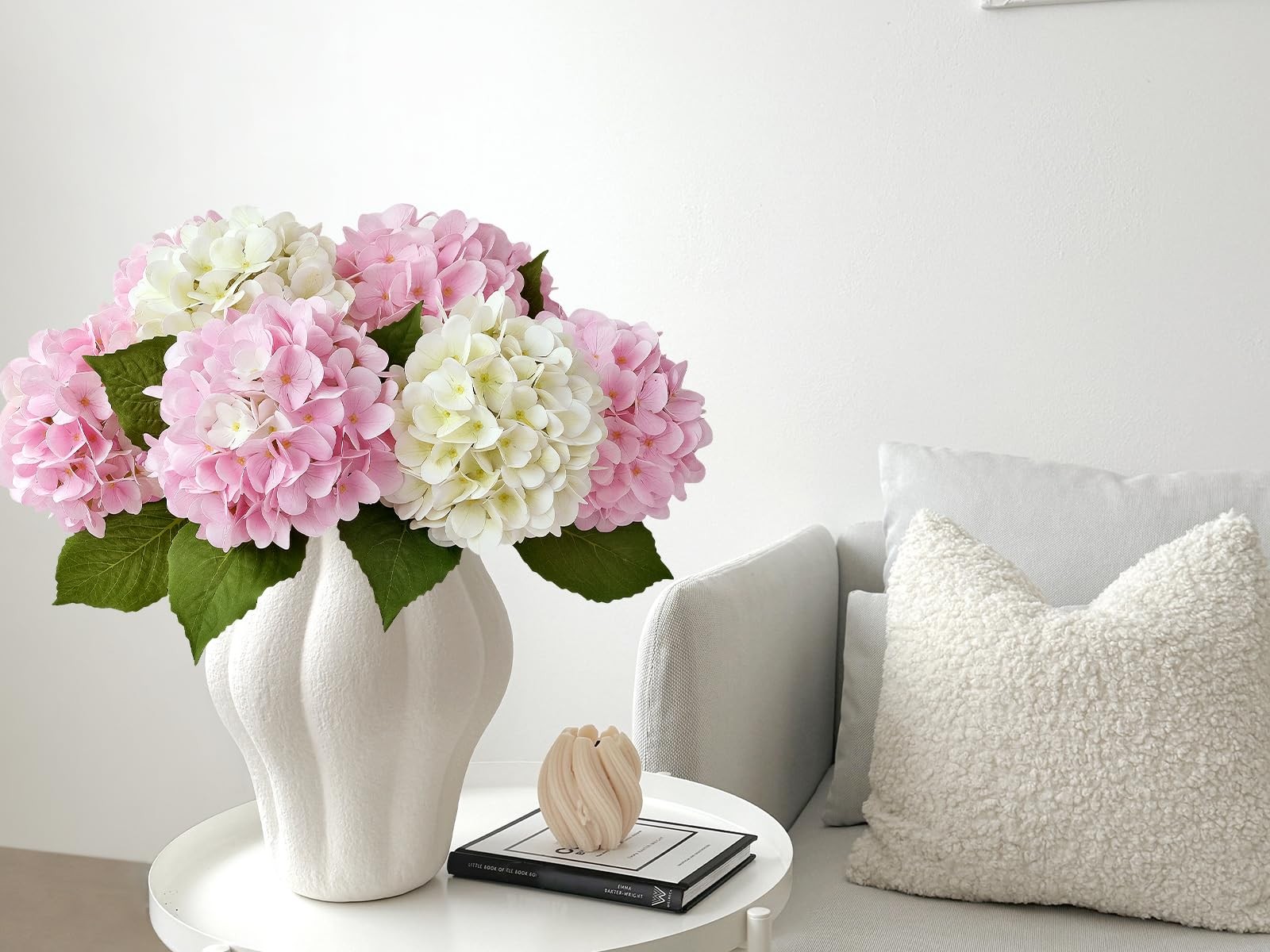 White Silk Hydrangea Artificial Flowers Large Heads With Long Stems Green Leaves