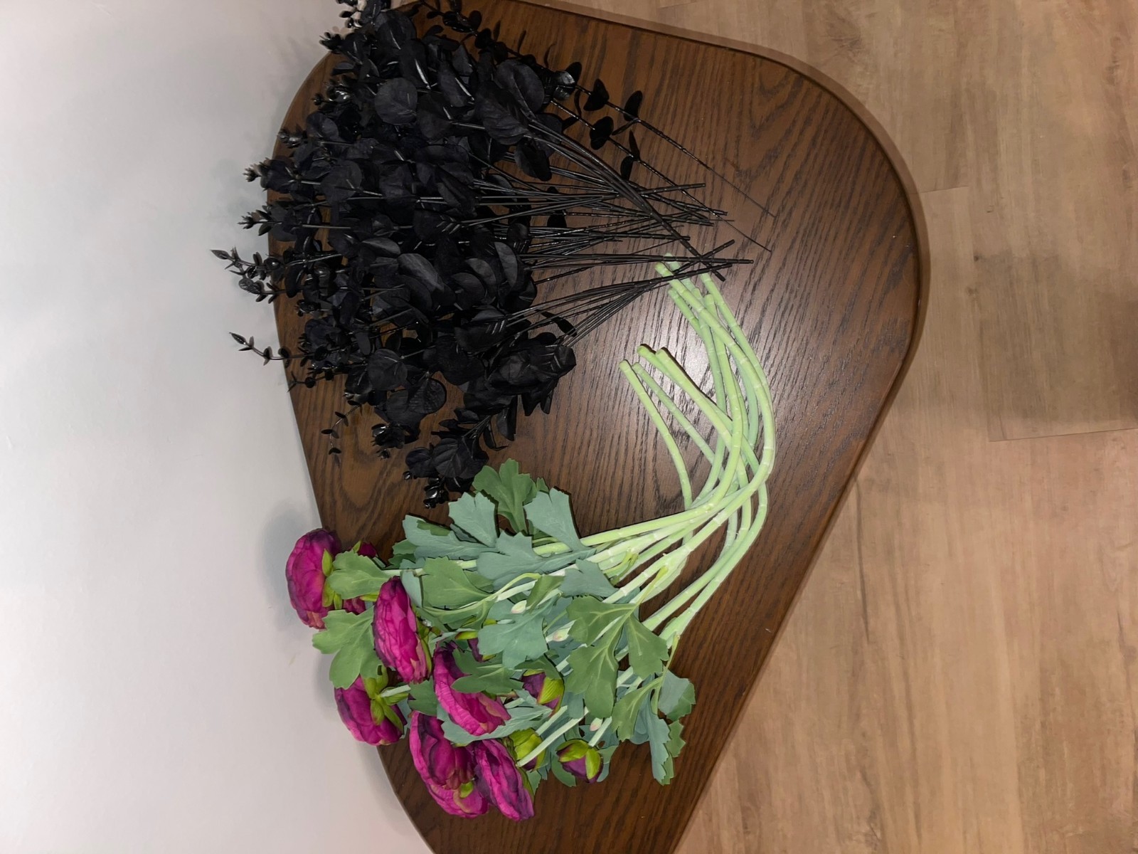 Black Eucalyptus Foliage + Purple Ranunculus Flower Bundle | Gothic Decor