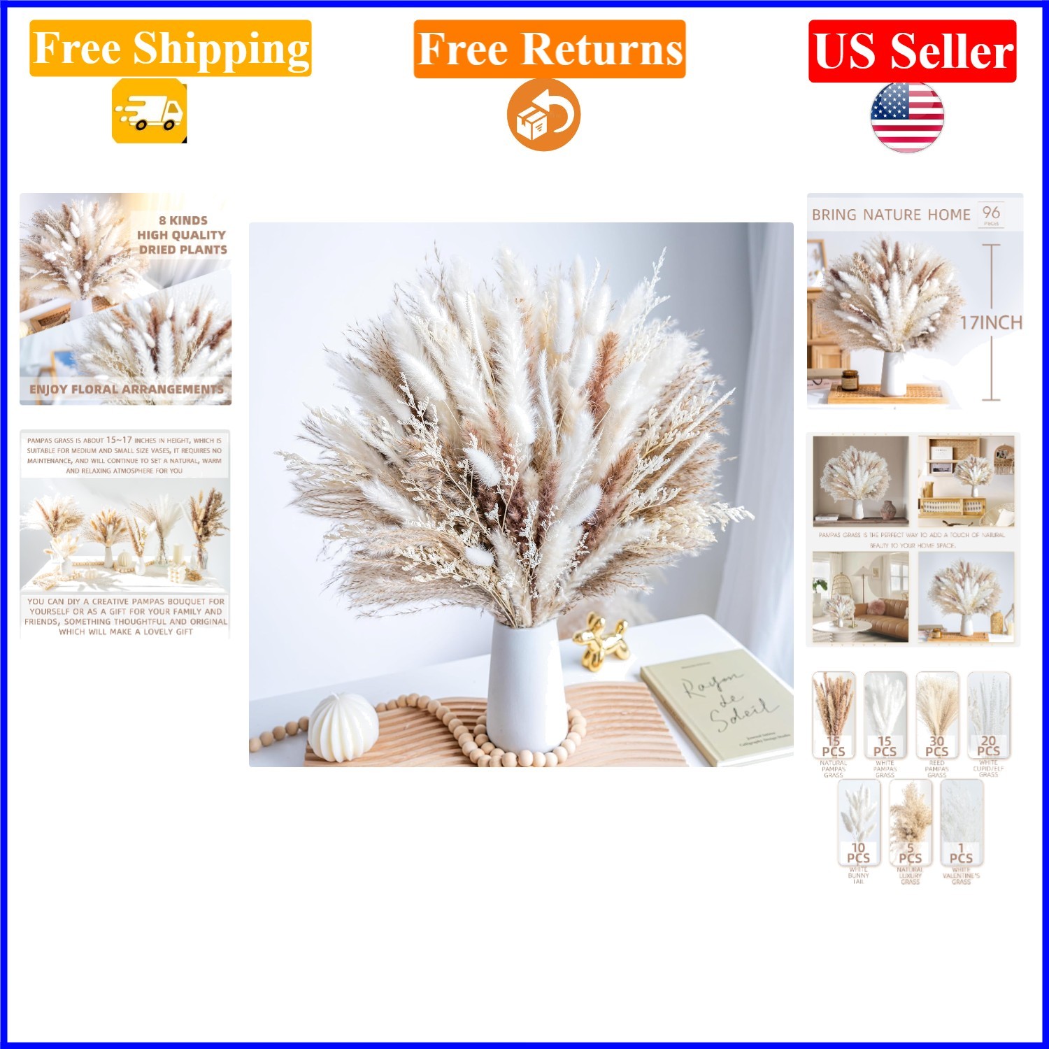 96PCS Natural Pampas Grass Bouquet for Home & Wedding Decor, White & Beige