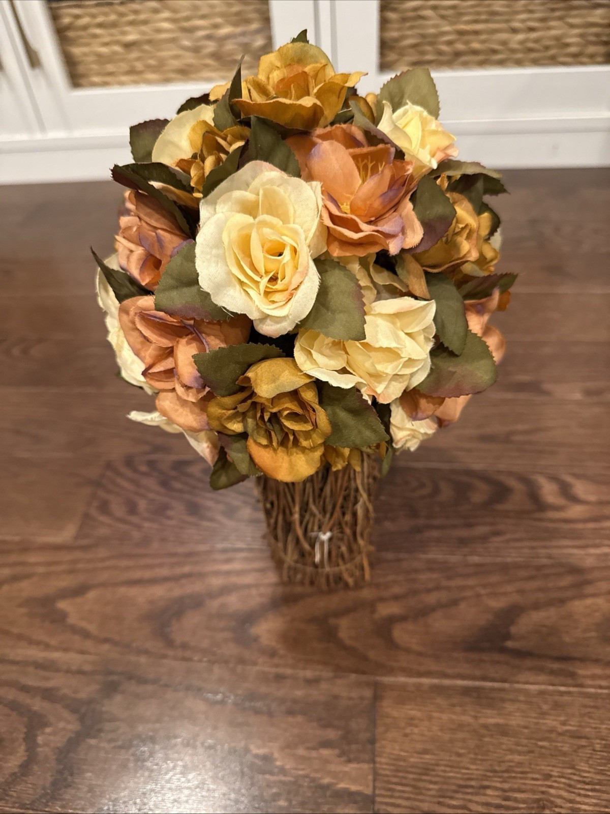 Flower & Straw Twig Standing Artificial Bouquet Of Roses Home Decor- Tan, Brown