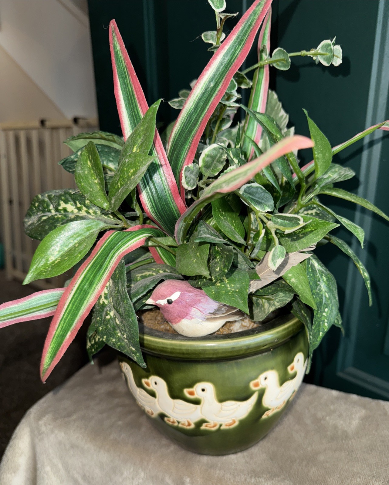 Vintage green ceramic pot featuring a pattern of ducks W/ Artificial Greenery