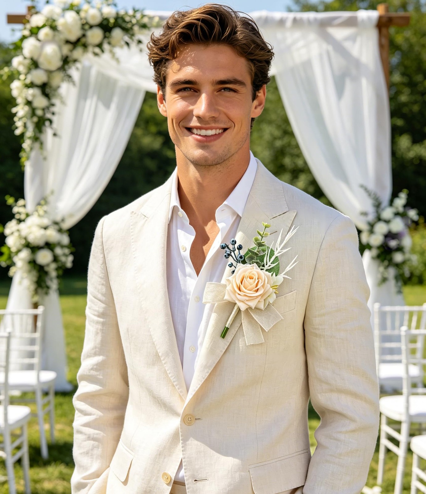 6Pcs Champagne Boutonnieres for Men Faux Rose at Formal Wedding