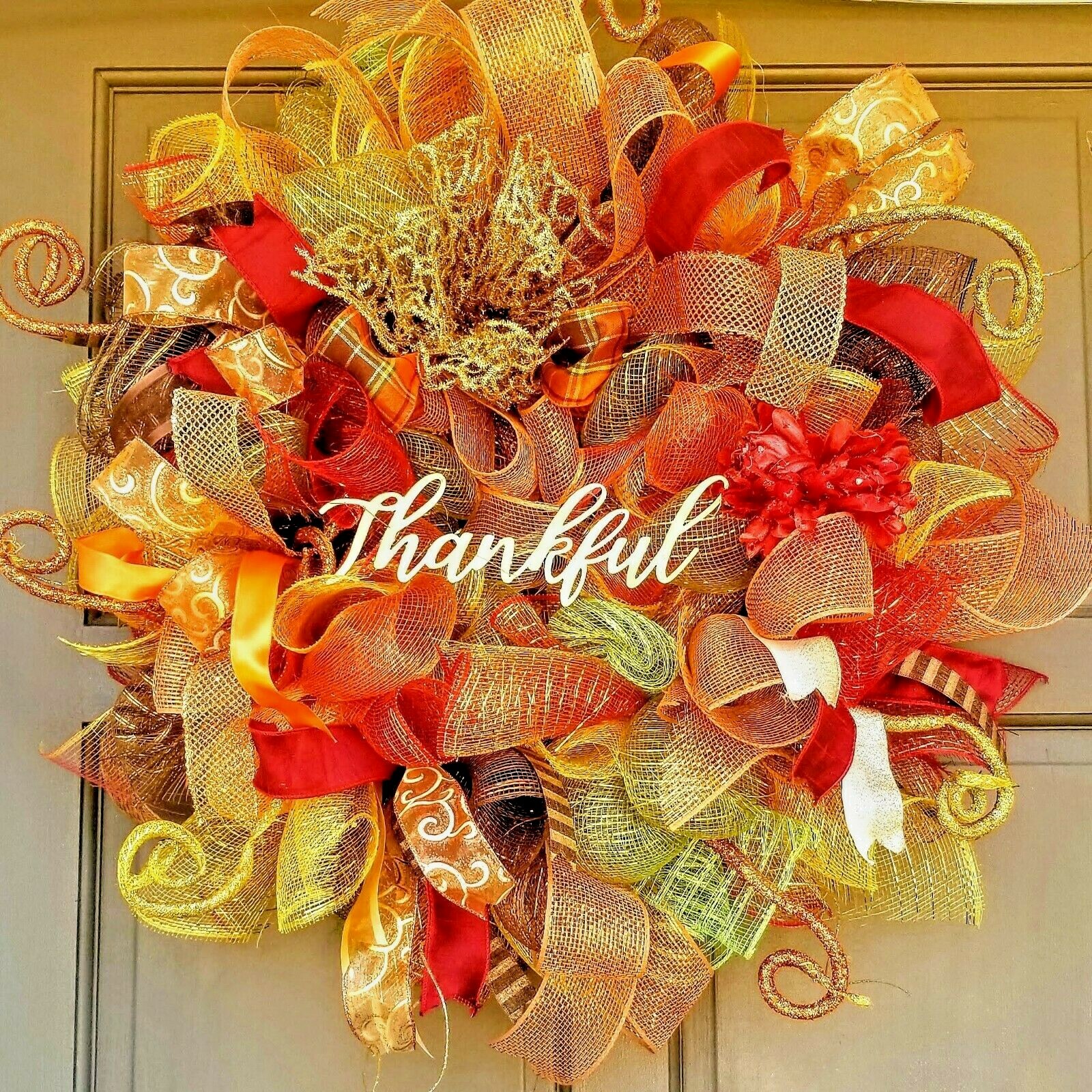 Large 24″ Handmade Fall Autumn Welcome Wreath Gold Deco Mesh Front Door Decor