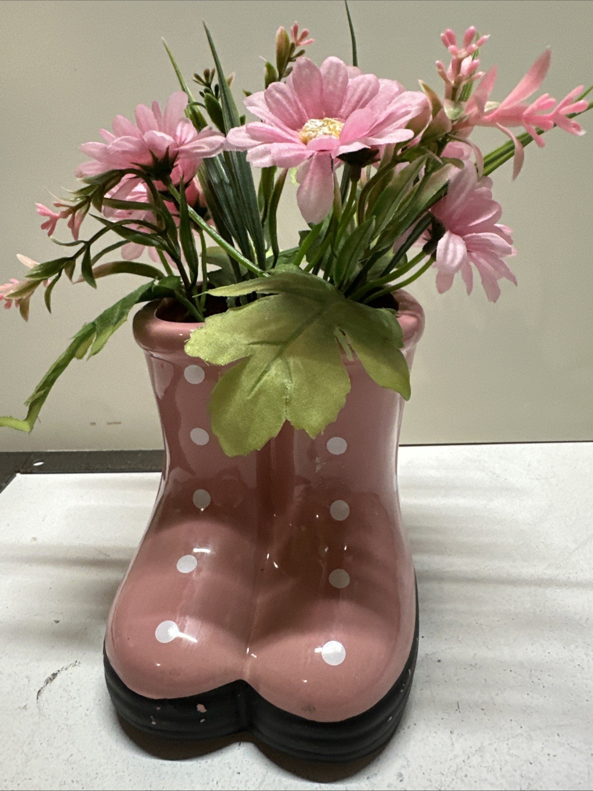 Ceramic Rain Boots In Pink Polk A Dot With Spring Flowers Decor For Springtime