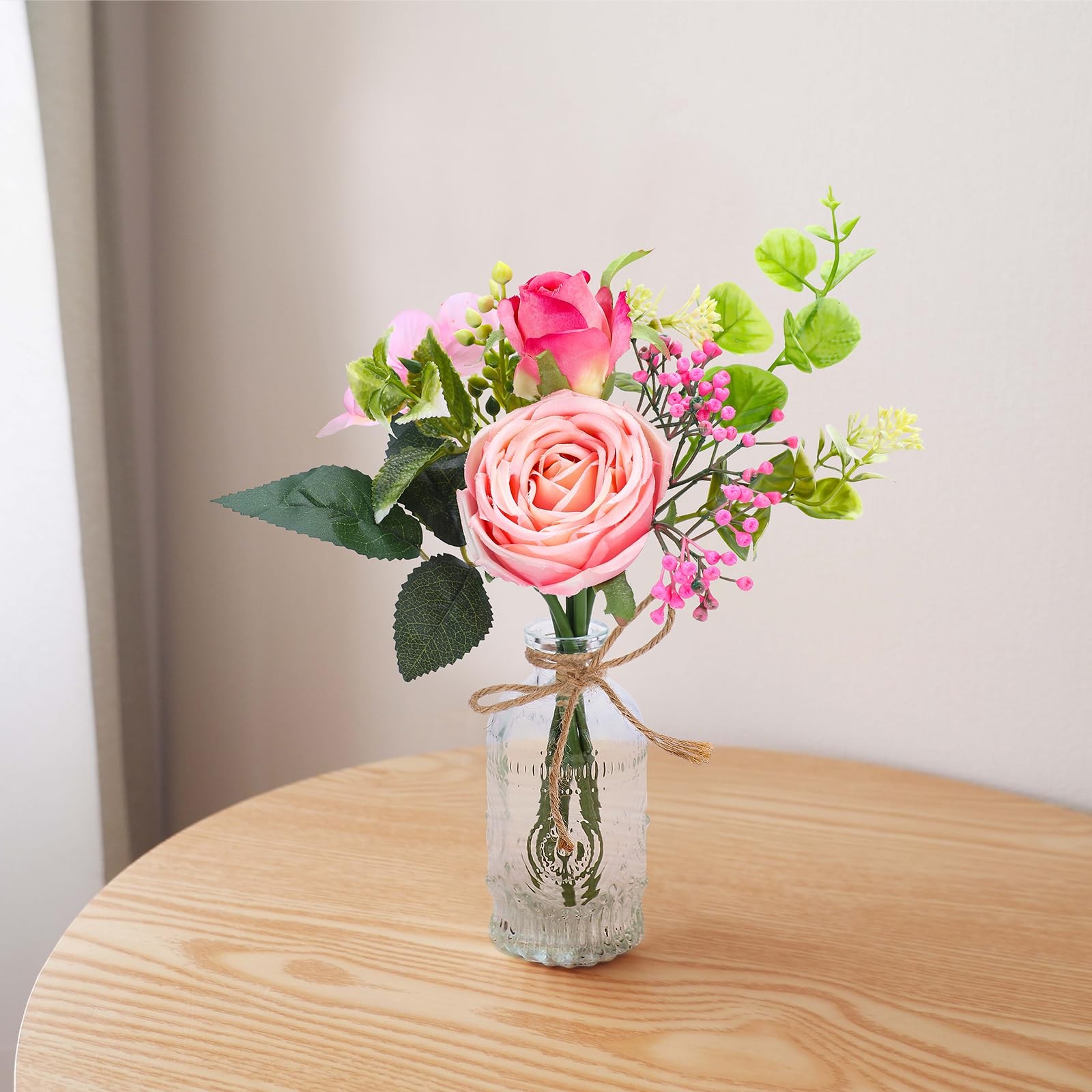 Flowers Bouquet in Small Vase – Pink Rose Artificial Fake Centerpiece Potted …
