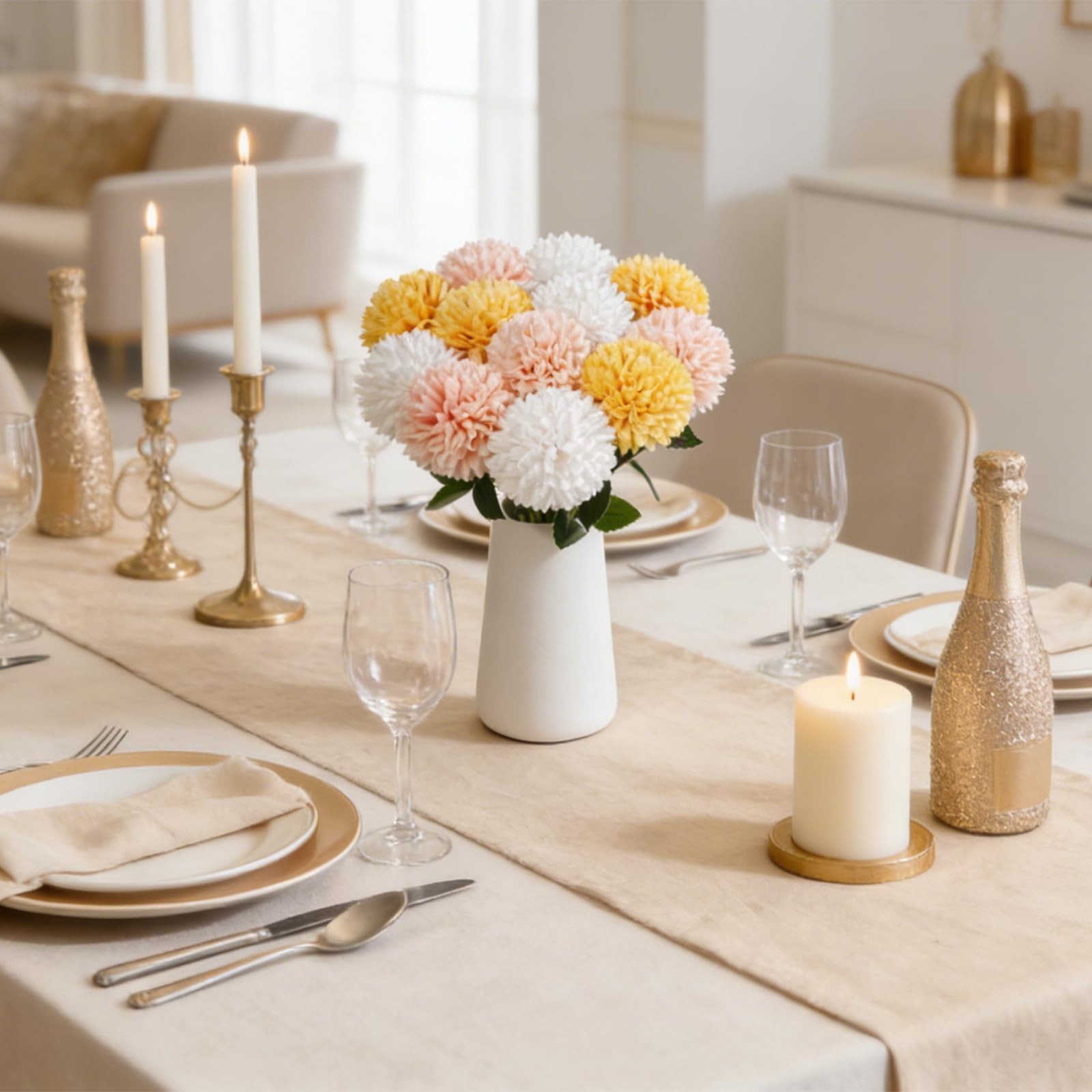 12Pcs Artificial Chrysanthemum Flowers with Ceramic Vase, Faux Silk Mum Flora…