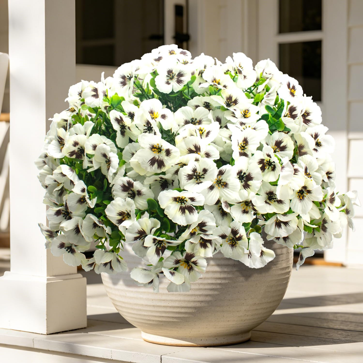 16 Bundles White Artificial Pansy Flowers – UV Resistant for Home & Garden Decor