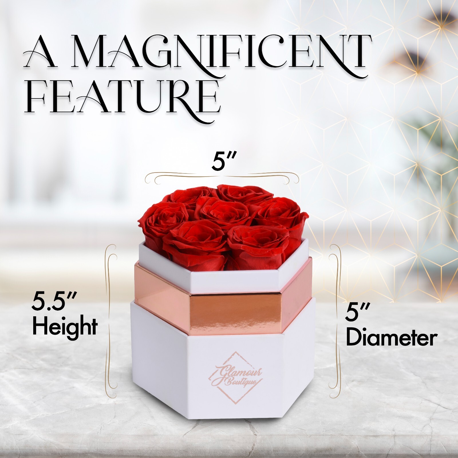 Glamour Boutique Hexagon 7-Piece Forever Real Rose – Preserved Roses in a Box