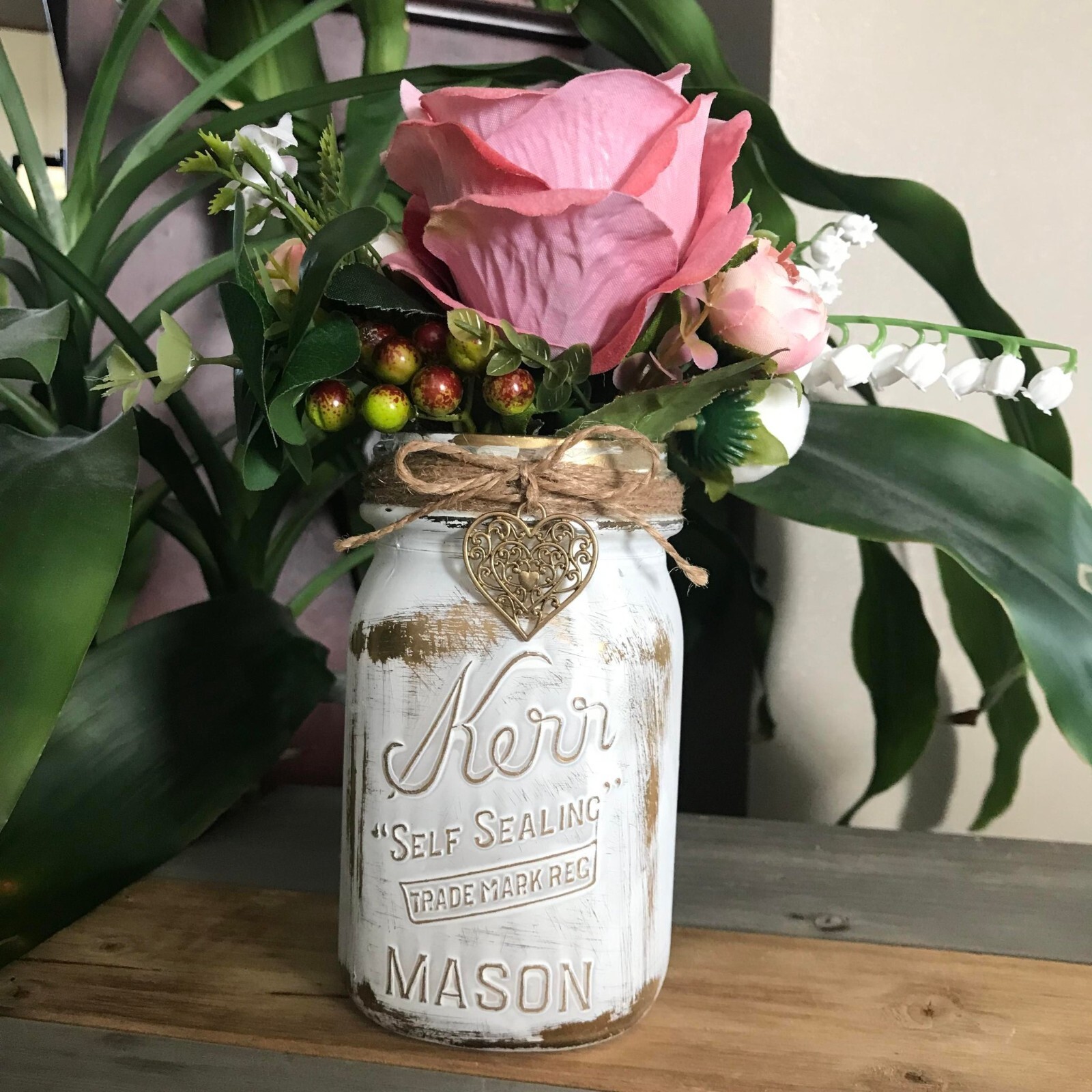 Handmade Pink Floral Arrangement in Distressed White and Metallic Gold Jar