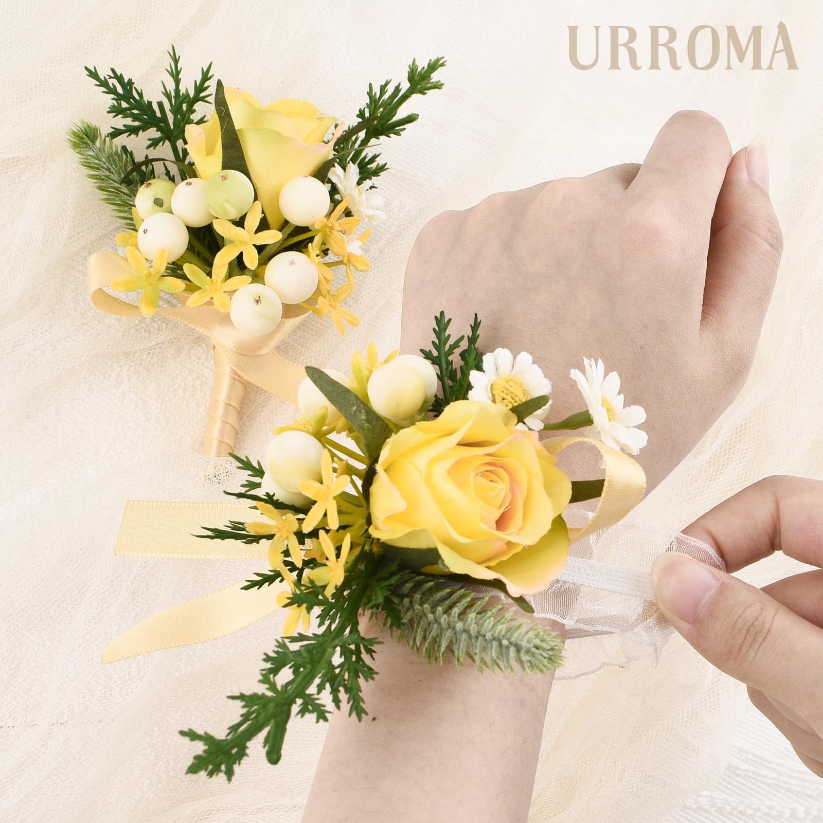 2 PCS Wedding Wrist Corsage Boutonniere Set Light Yellow Rose Hand Flower Prom