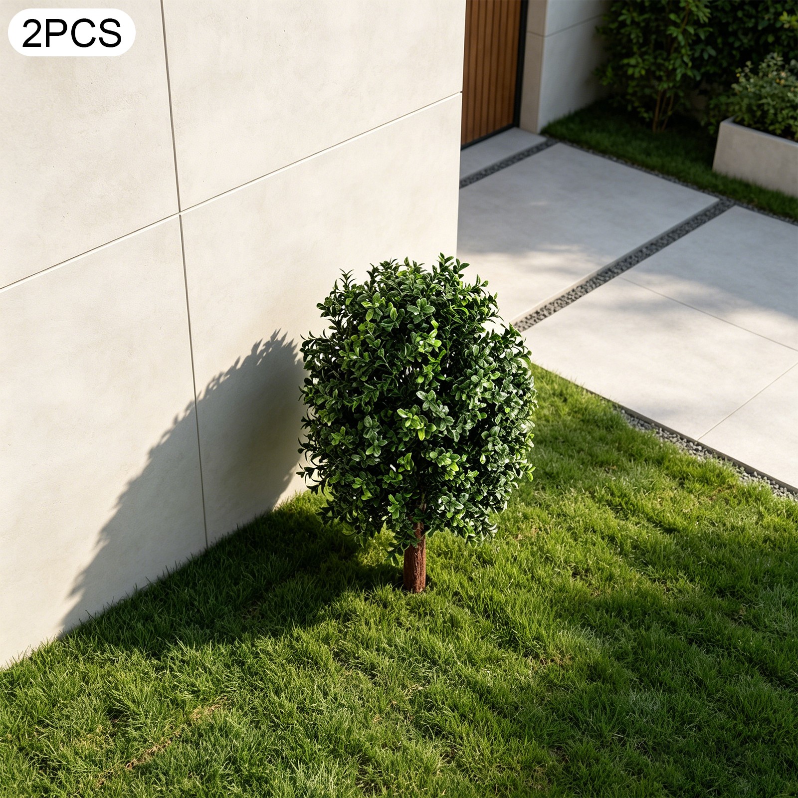 2pcs Artificial Boxwood Topiary Ball Trees 27″ UV with Three-Prong Ground Stakes