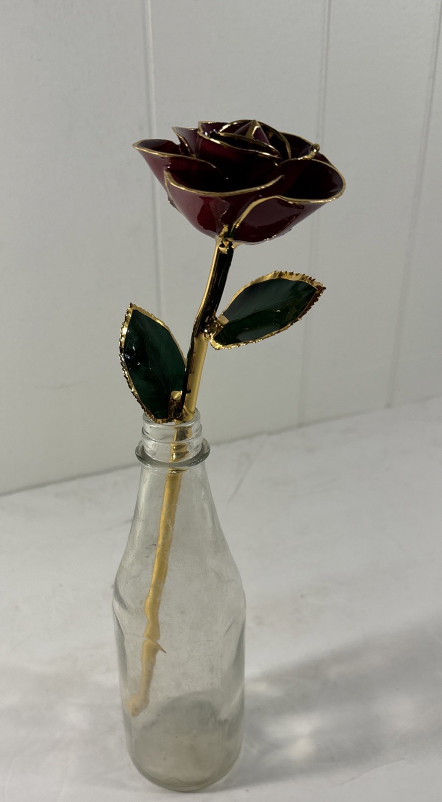 Gold Trimmed Valentine Red Rose 24K Style Long Stem Enamel Flower Gift 11”