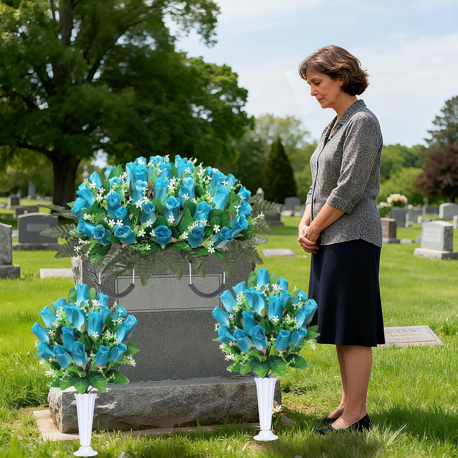 Deep Blue Artificial Cemetery Flowers – 3 Sets for Grave Decoration