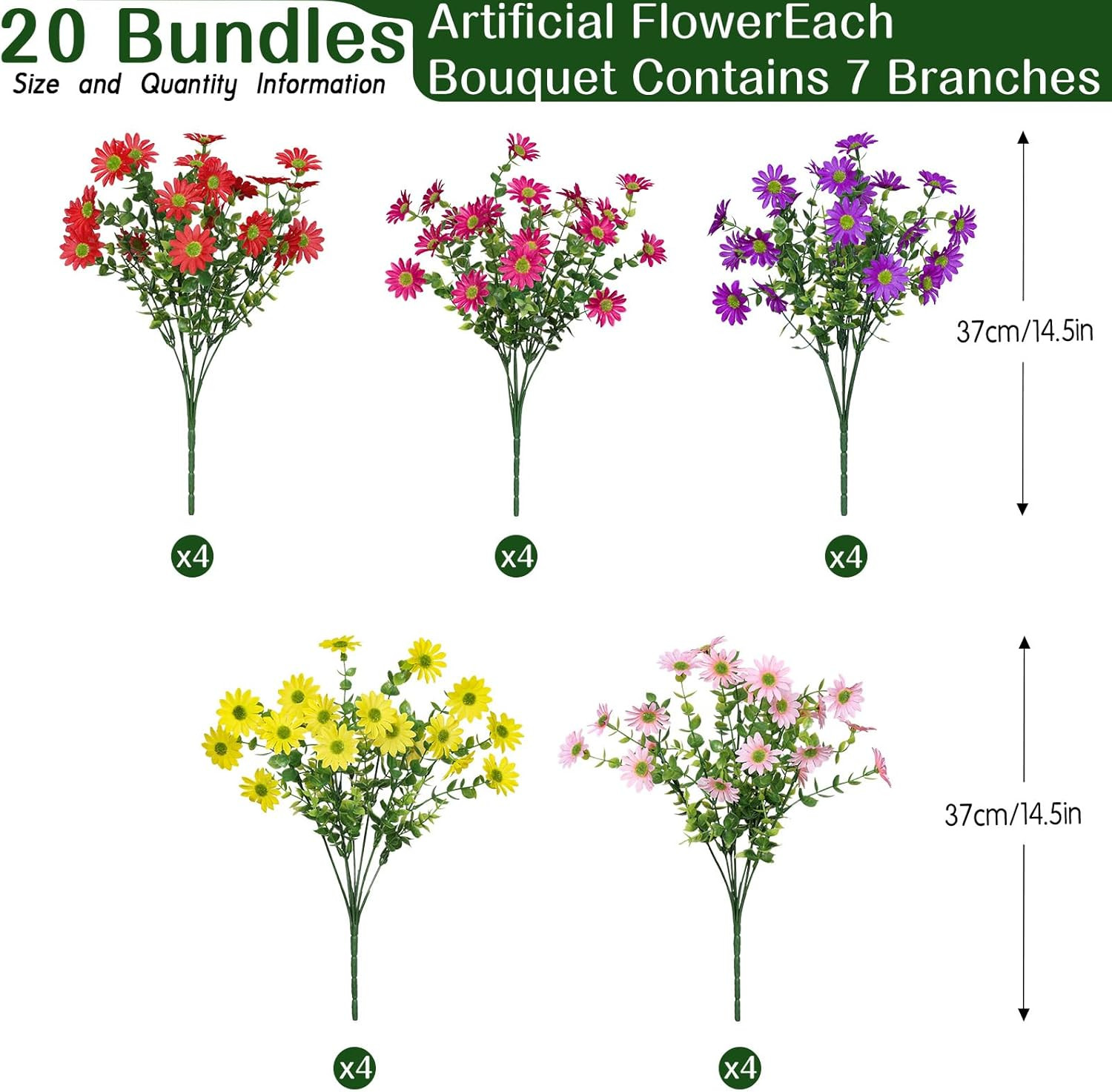 Alupssuc 20Pcs Artificial Flowers for Outdoors UV Resistant，No Fade Faux Daisy F
