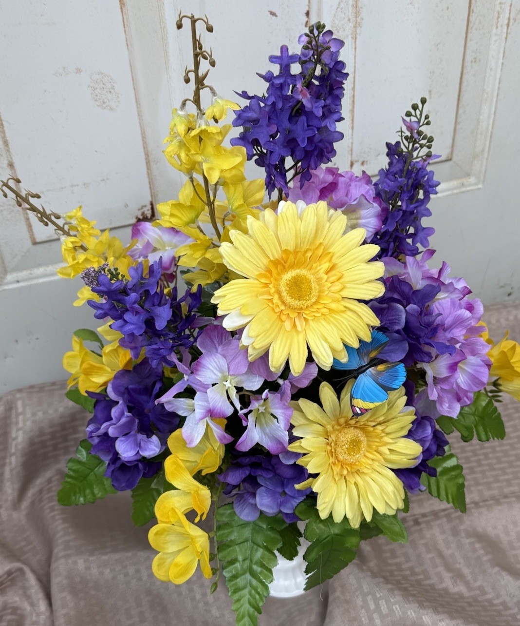 Artificial cemetery flower Arrangements Grave Flowers Purple And Yellow