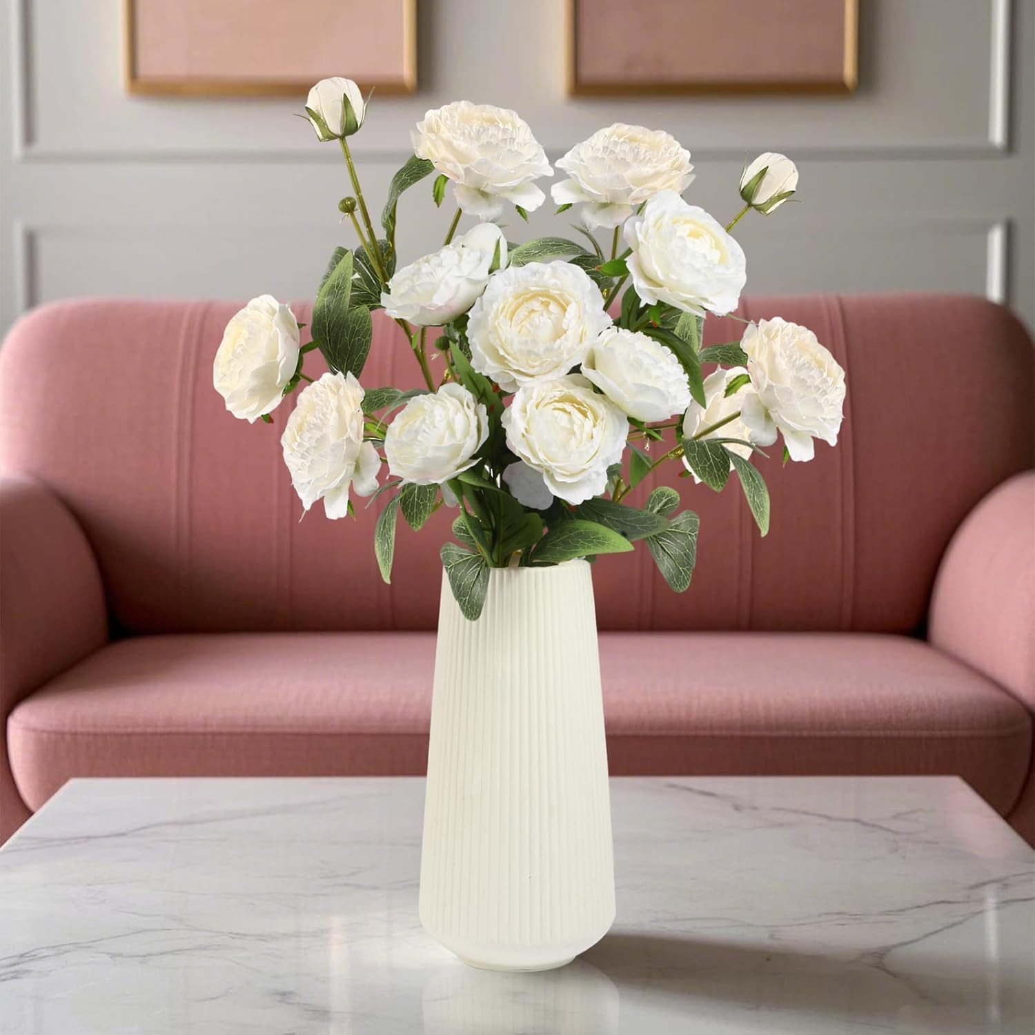 White Peonies Artificial Flowers,4 Pcs 27.5“ Faux Silk Peonies with Stems Real L