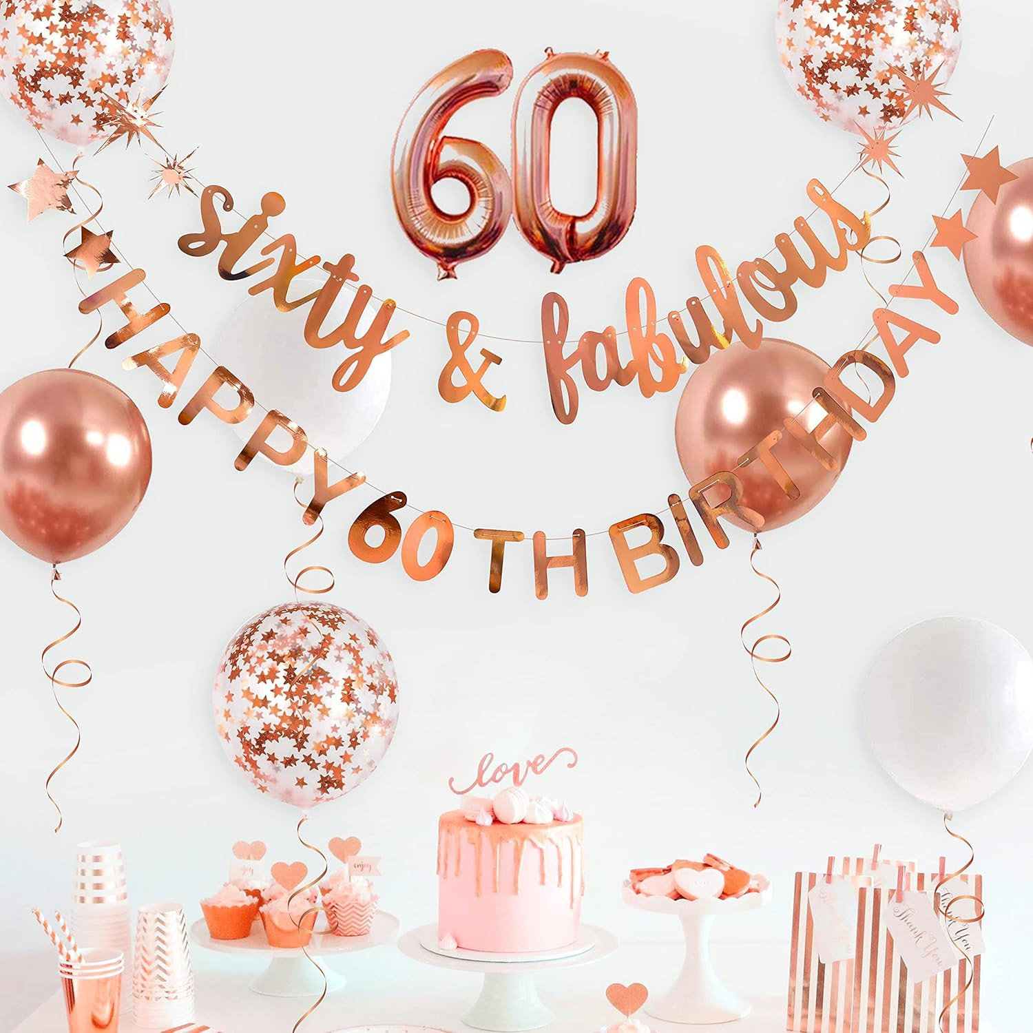 Rose Gold Sixty & Fabulous Happy 60Th Birthday Banner Garland Foil Balloon 60 fo