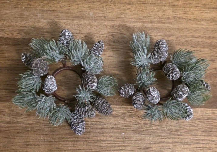 Set/2 NEW PRIMITIVE Taper Candle Ring SNOWY PINECONE Christmas 3½” Winter Shabby